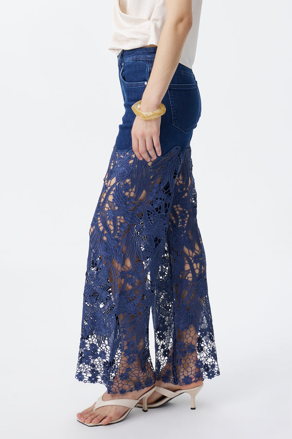 High Rise Ankle Embroidered Lace Wide Leg Jeans