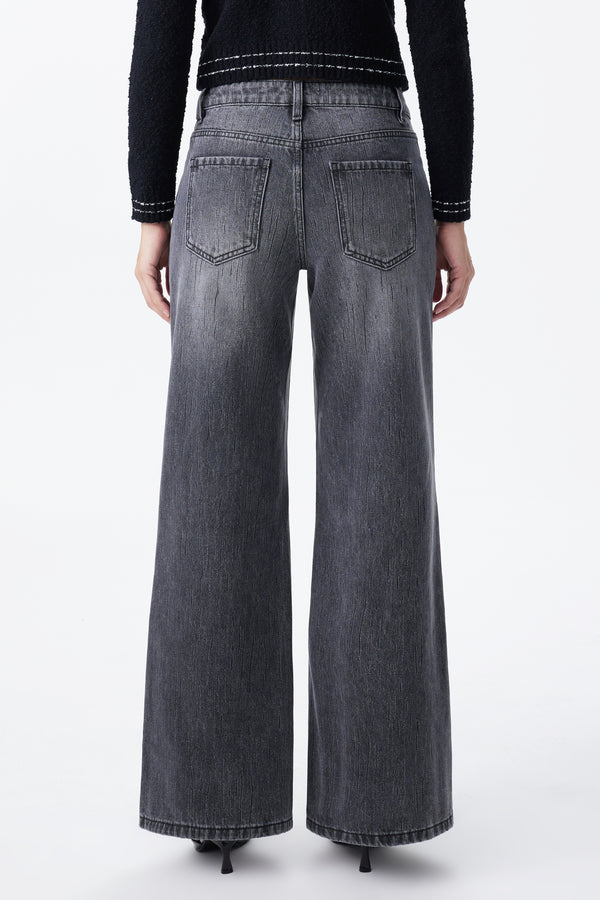 Mid Rise Textured Stripe Wide Leg Jeans