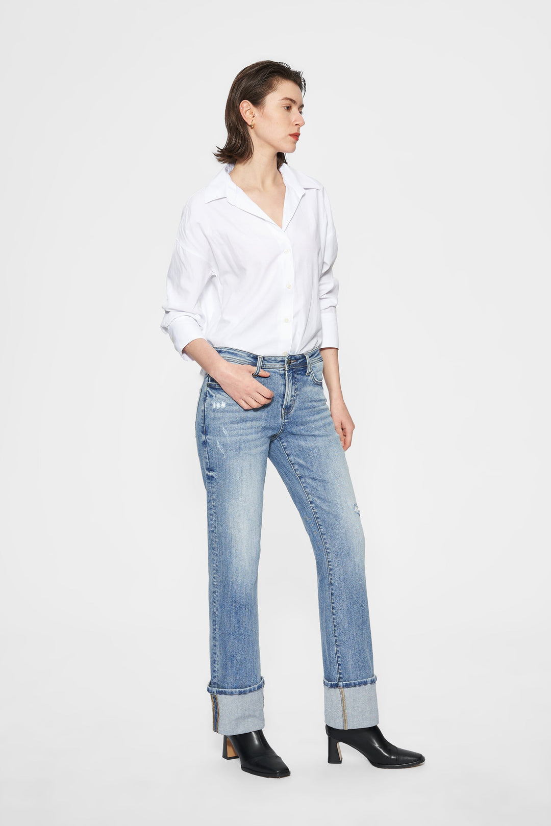 Flora Mid Rise Straight Cuffed Denim Jeans