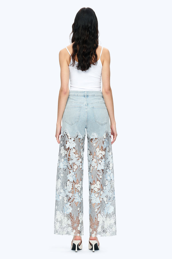 Embroidery Wide Leg Lace Jeans With Rhinestone