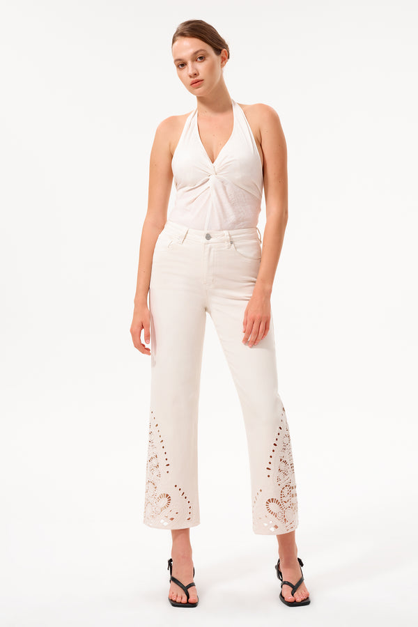 High Rise Ankle Embroidered Lace Straight Leg Pants