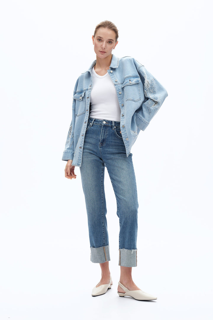 High Rise Straight Leg Denim Jeans With Rolled Hem