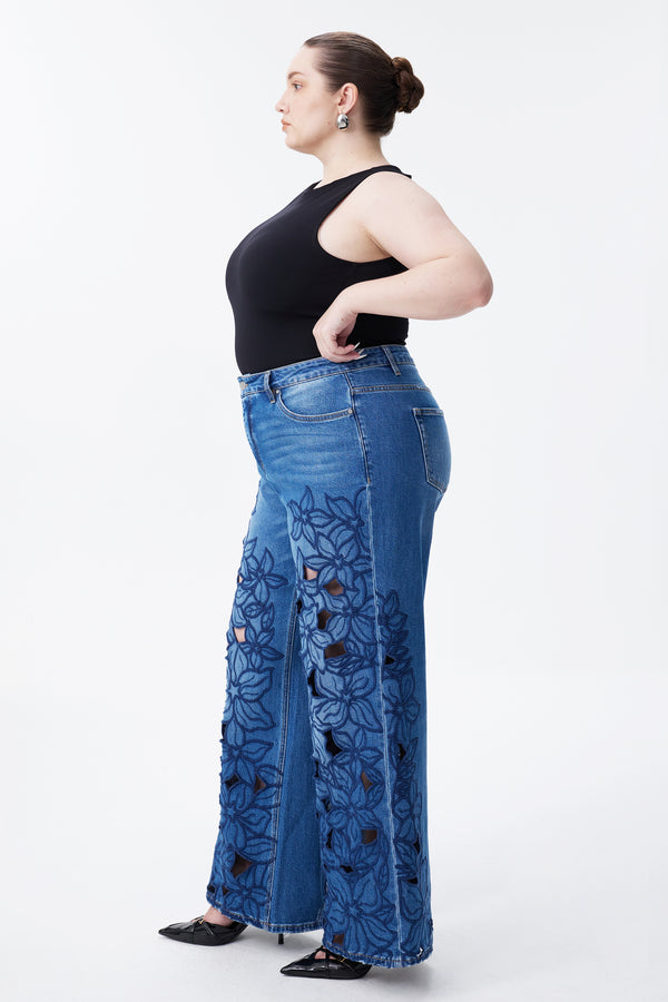 High Rise Embroidered Lace Wide Leg Jeans