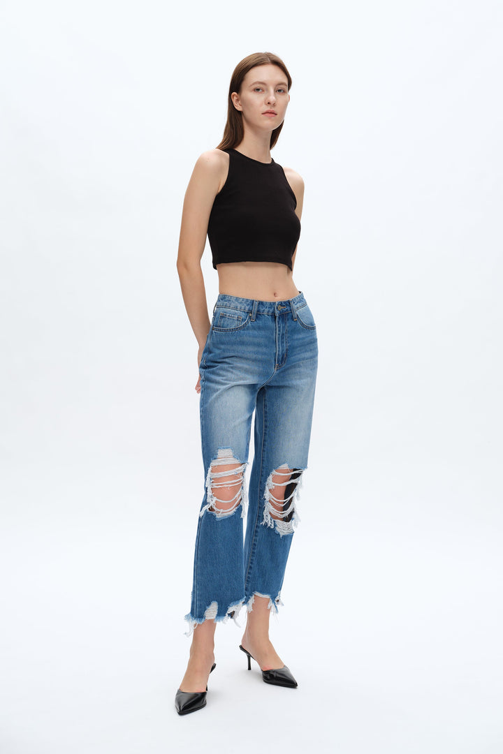 Yoyo High Rise Distressed Cropped Straight Jeans