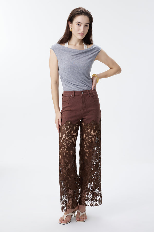 High Rise Ankle Embroidered Lace Wide Leg Jeans
