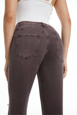 HIGH RISE STRAIGHT JEANS BUTTON FLY WITH FRAYED HEM BYT5113 CHOCOLATE