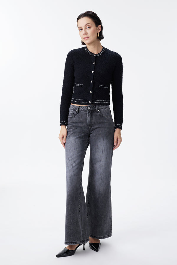 Mid Rise Textured Stripe Wide Leg Jeans