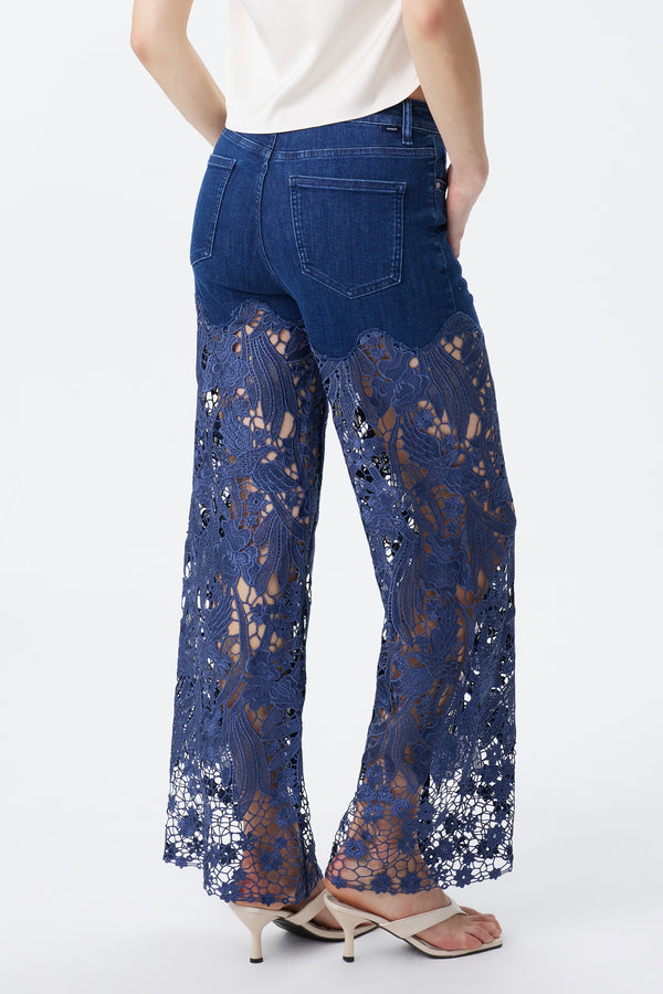 High Rise Ankle Embroidered Lace Wide Leg Jeans