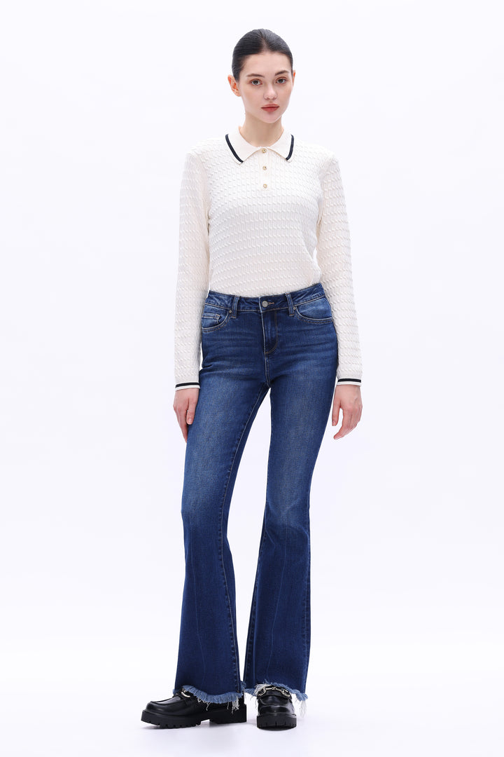 High Rise Flare Denim Jeans With Frayed Hem
