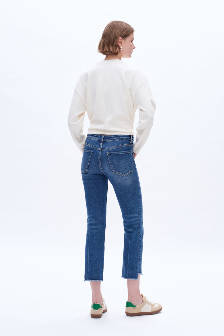 High Rise Straight Ankle Denim Jeans With Raw Edge