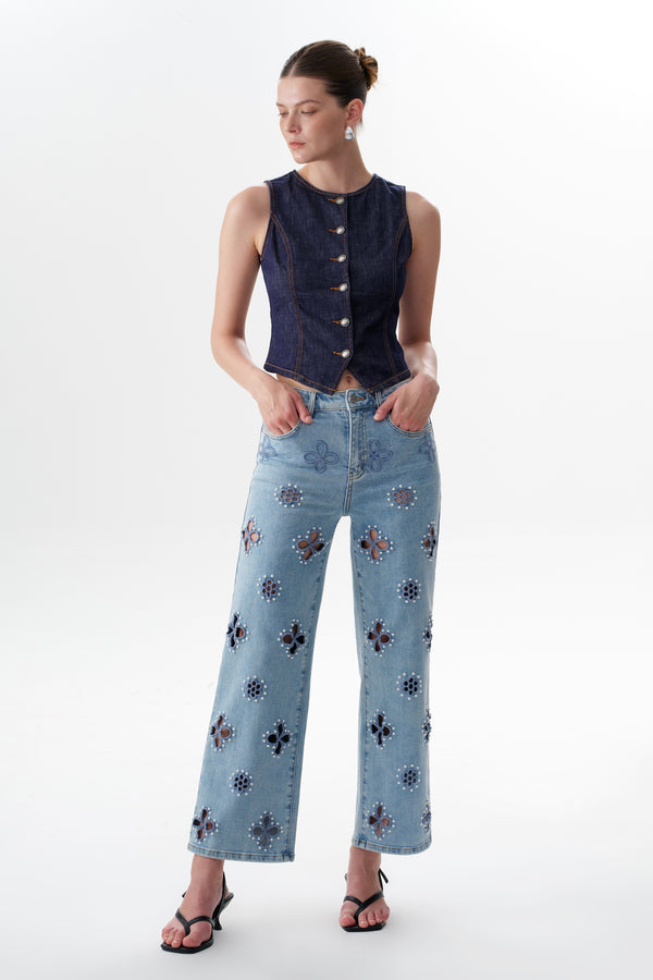 High Rise Floral Embroidered Straight Leg Jeans
