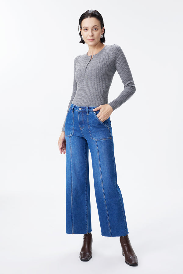 High Rise Relaxed Ankle Raw Hem Straight Leg Jeans