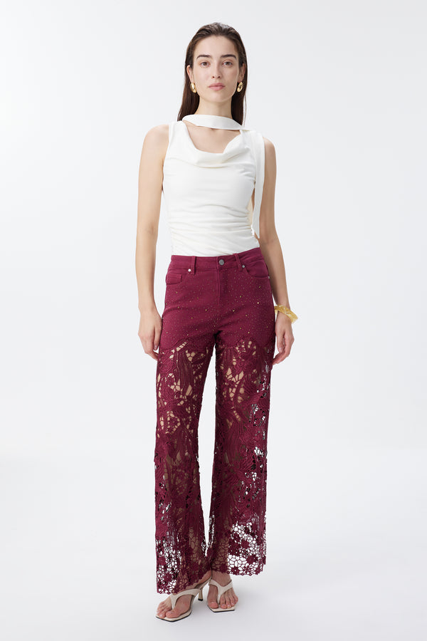 High Rise Ankle Embroidered Lace Wide Leg Jeans