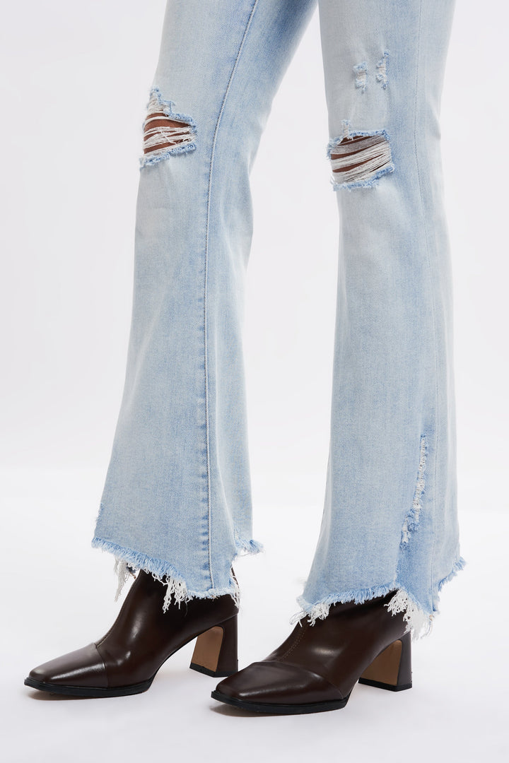 Angela Mid Rise Distressed Flare Jeans