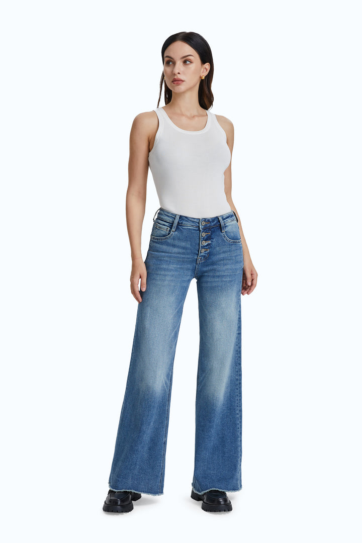 High Rise Wide Leg Denim Jeans With Frayed Hem