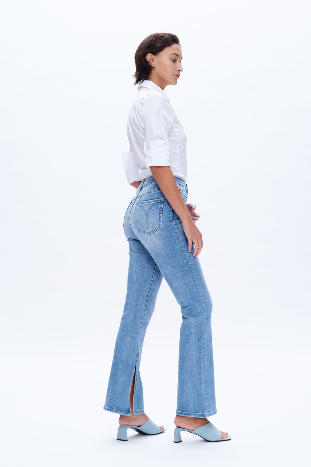 High Rise Flare Denim Jeans With Slit