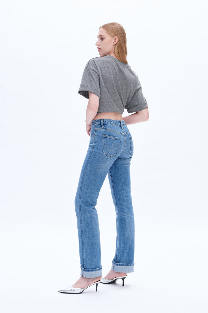 Yoyo Mid Rise Cuffed Straight Denim Jeans