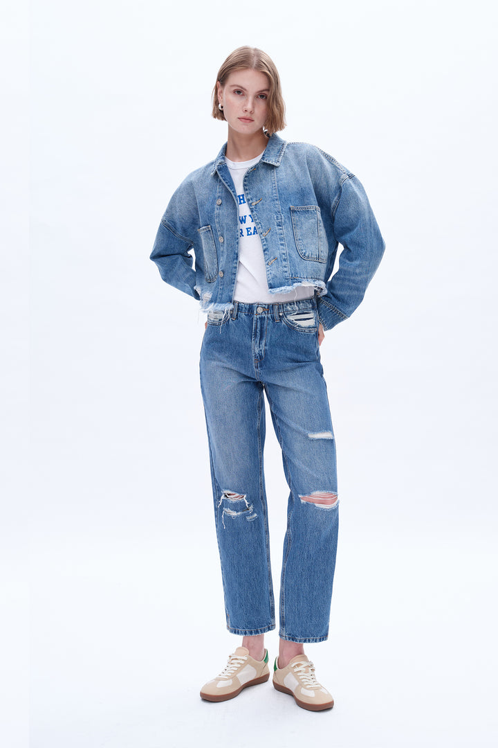 High Rise Distressed Mom Denim Jeans With Slit