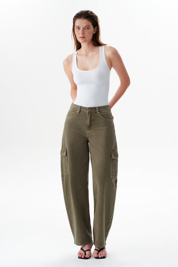 Low Rise Cargo Drop Crotch Barrel Leg Pants
