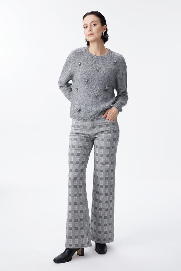 Mid Rise Check Print Wide Leg Pants