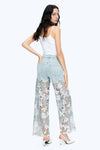 Embroidery Wide Leg Lace Jeans With Rhinestone