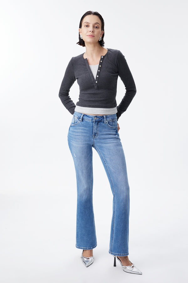 Mid Rise Distressed Bootcut Jeans
