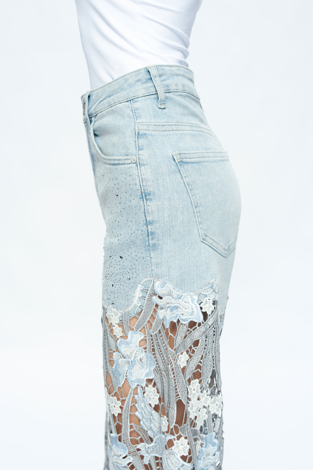 High Rise Wide Leg Lace Denim Jeans With Rhinestone