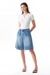 High Rise Pleated Denim Bermuda Shorts