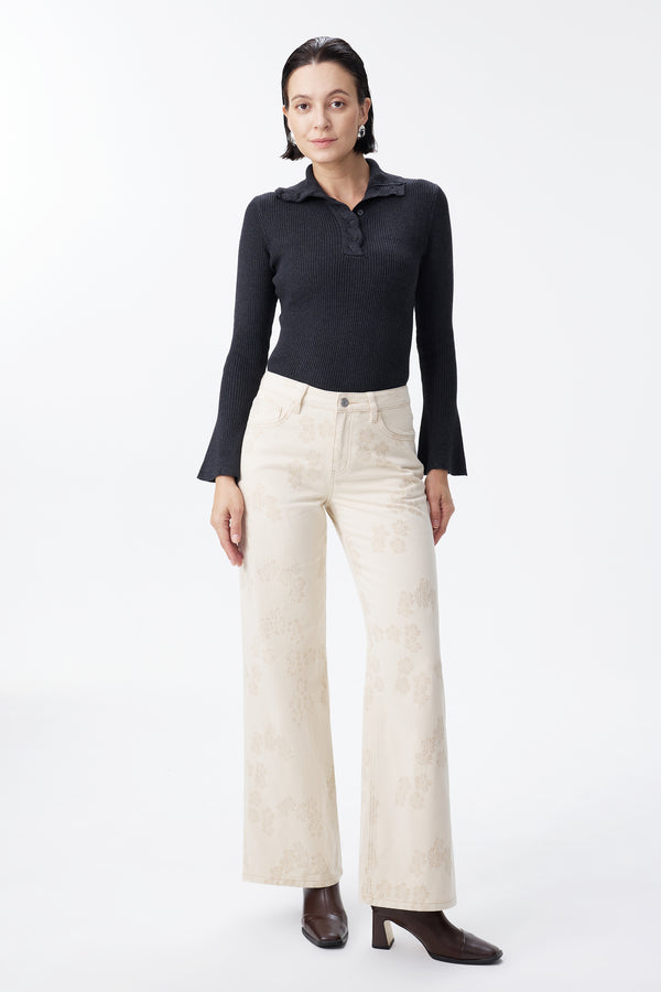 Mid Rise Textured Floral Wide Leg Jeans