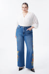 New York High Rise Embroidered Wide Leg Jeans