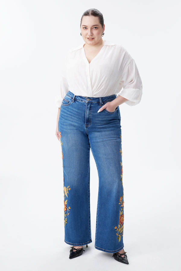 New York High Rise Embroidered Wide Leg Jeans