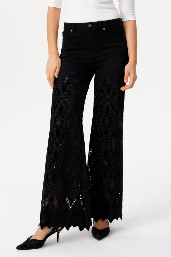 High Rise Lace Rhinestone Wide Leg Jeans
