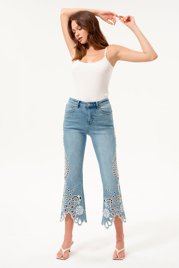 High Rise Embroidered Lace Flare Jeans