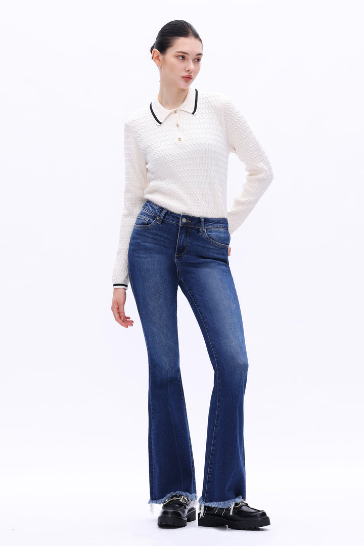 High Rise Flare Denim Jeans With Frayed Hem