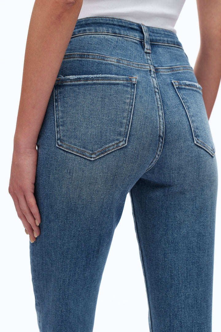 High Rise Straight Leg Denim Jeans With Rolled Hem