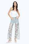 Embroidery Wide Leg Lace Jeans With Rhinestone