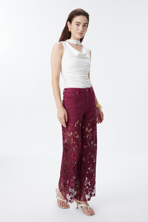 High Rise Ankle Embroidered Lace Wide Leg Jeans