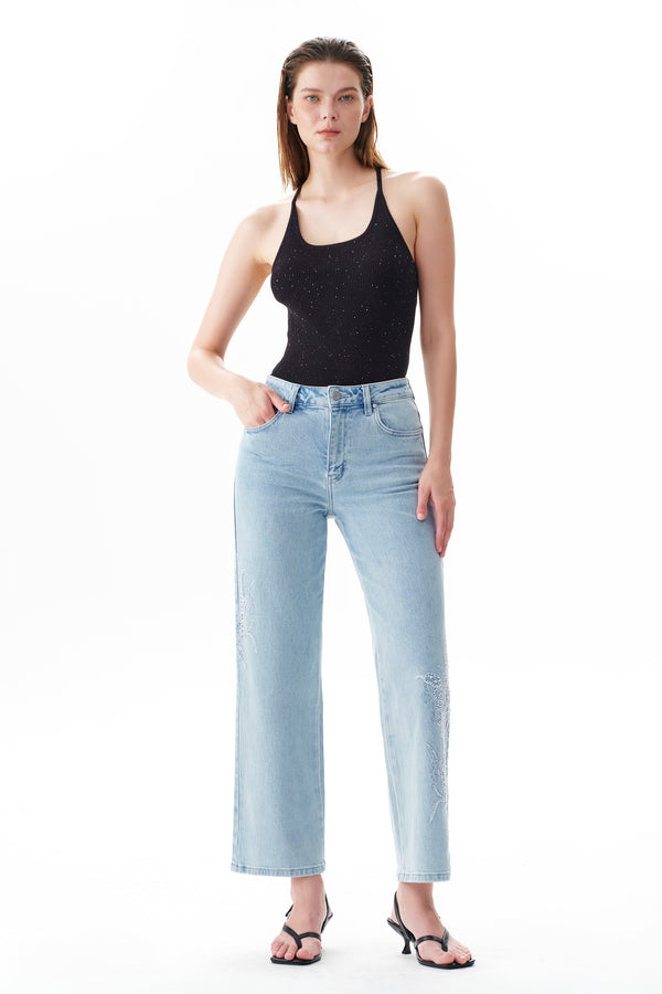 High Rise Ankle Embroidered Straight Leg Jeans