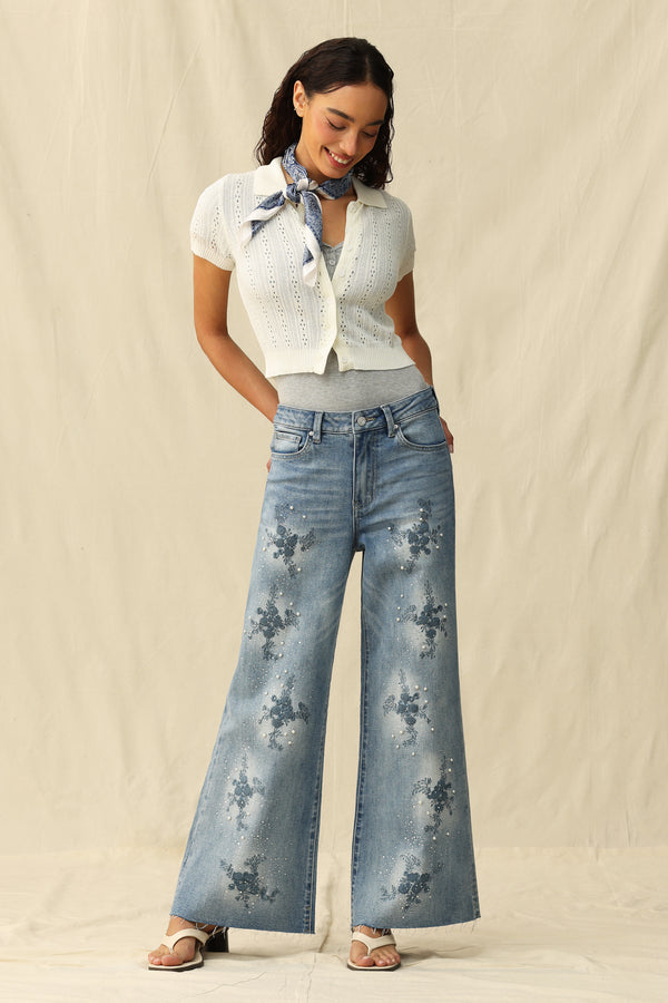 Rhinestone Embroidery Wide Leg Jeans