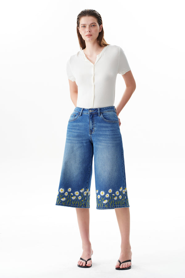 Mid Rise Embroidered Denim Bermuda Shorts