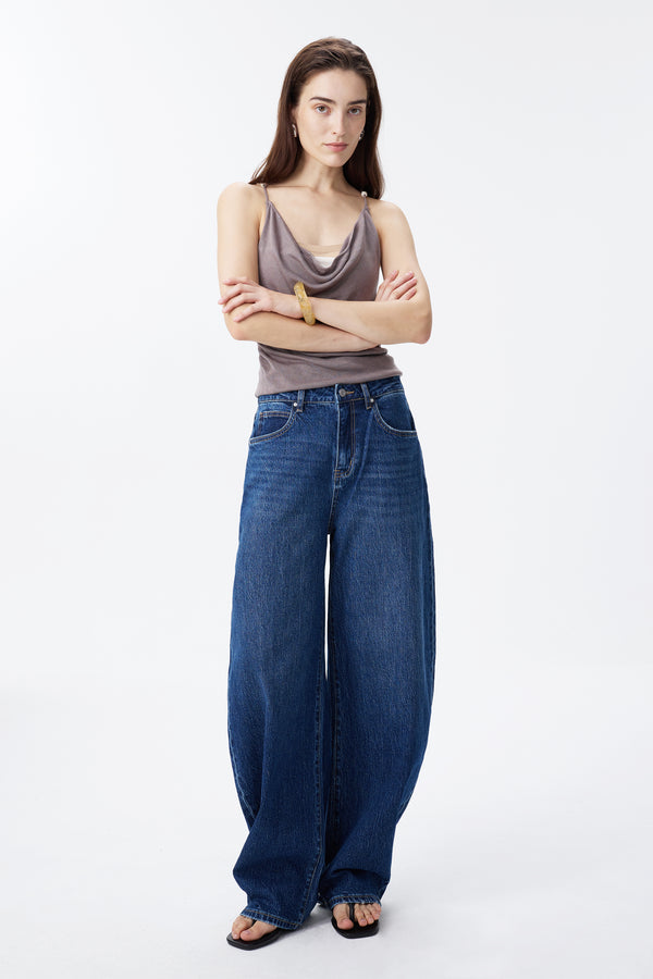Mid Rise Deep Indigo Barrel Jeans