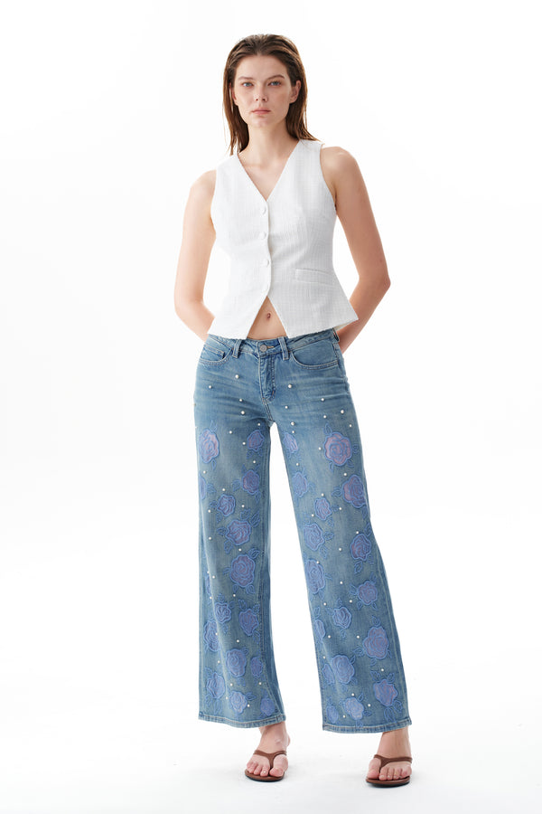 Chic Mid Rise Pearl Embellished Wide Leg Jeans