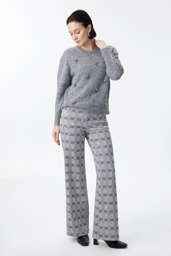 Mid Rise Check Print Wide Leg Pants