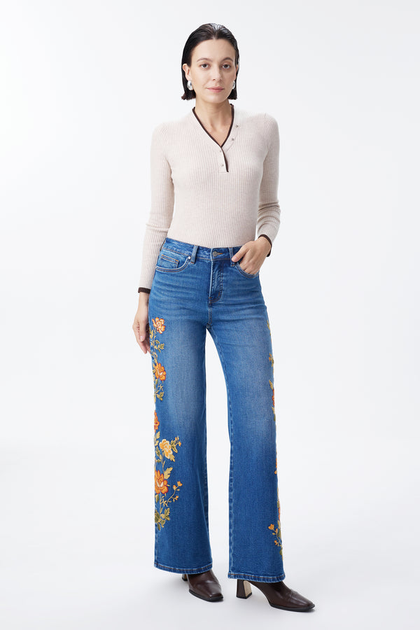 New York High Rise Embroidered Wide Leg Jeans