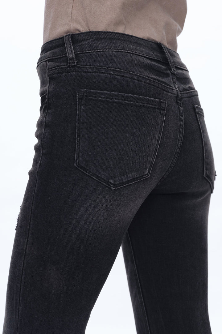 Mid Rise Flare Denim Jeans With Raw Edge Hem