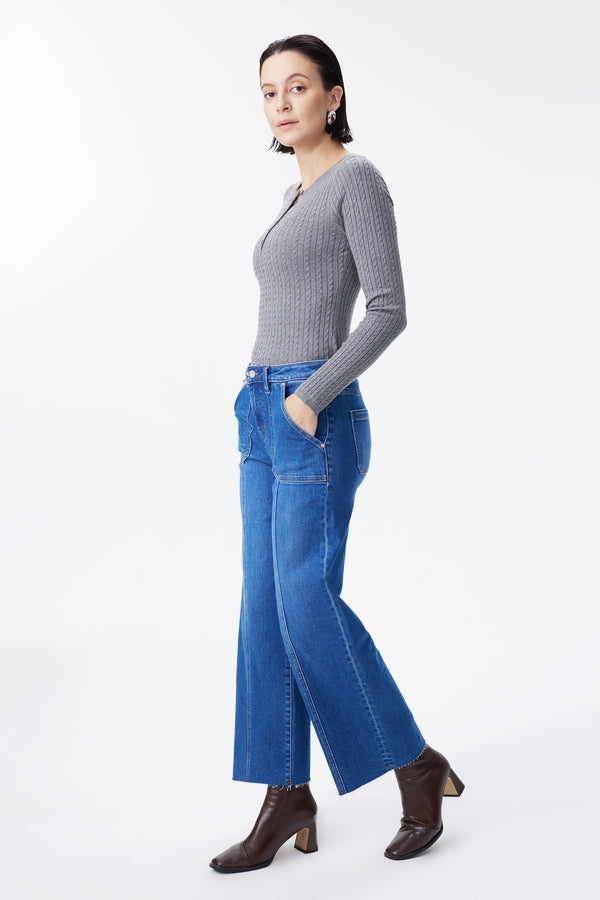 High Rise Relaxed Ankle Raw Hem Straight Leg Jeans