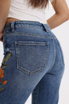 Mid Rise Floral Embroidered Raw Hem Bootcut Jeans