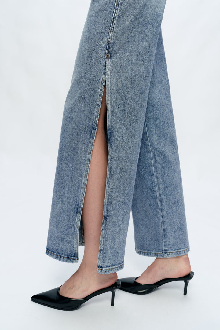 High Rise Wide Leg Denim Jeans With Slit