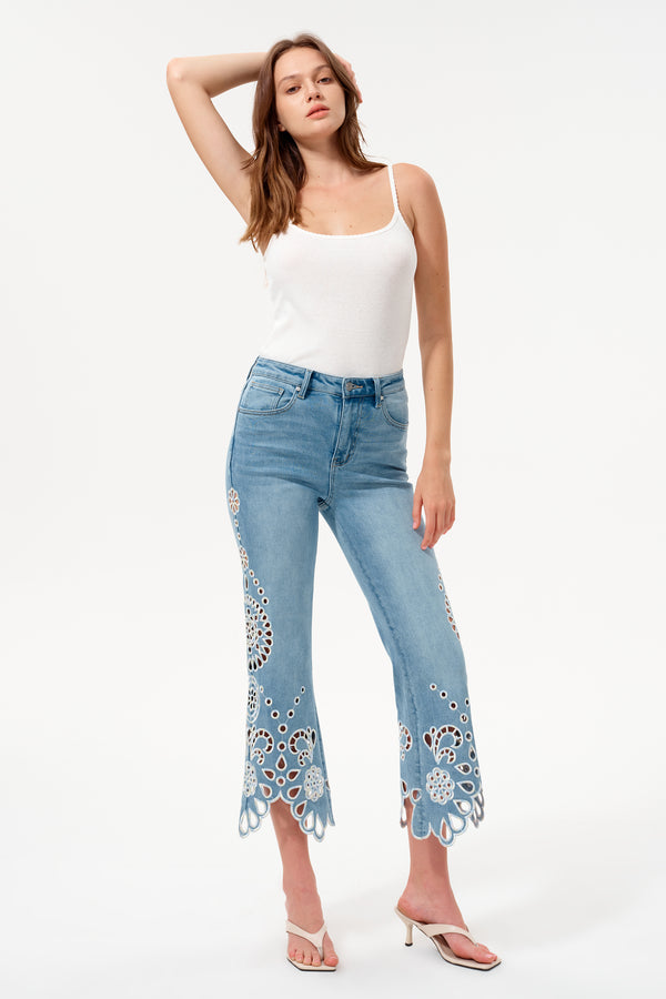 High Rise Embroidered Lace Flare Jeans