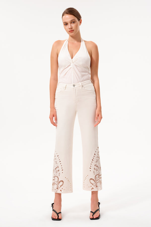 High Rise Ankle Embroidered Lace Straight Leg Pants